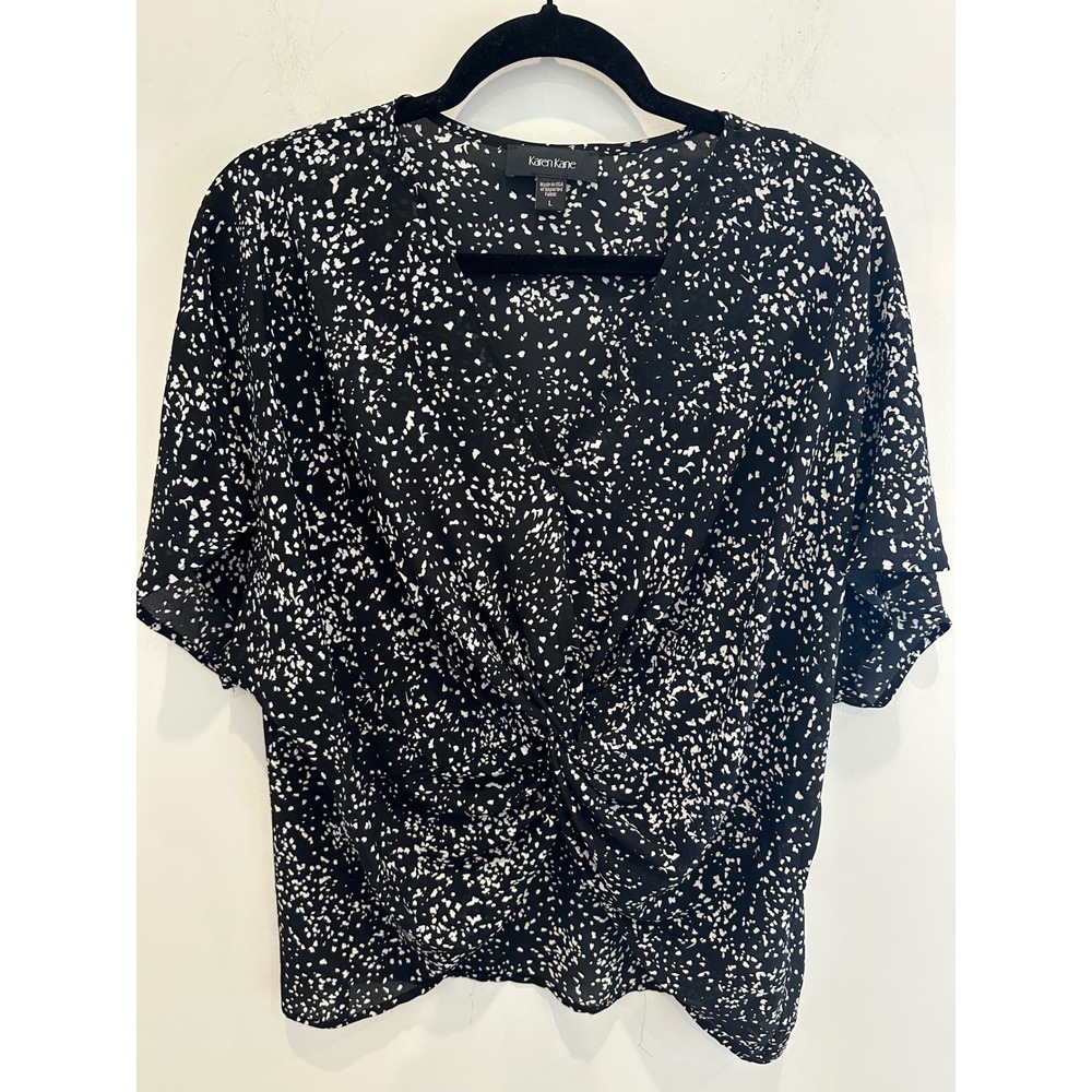 Karen Kane Black White Abstract Splatter Twist Front V-Neck Top Large